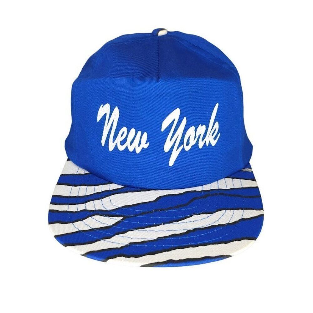 Vintage New York Hat Mens One Size Blue 80s Zebra Stripe Cap New York City NYC